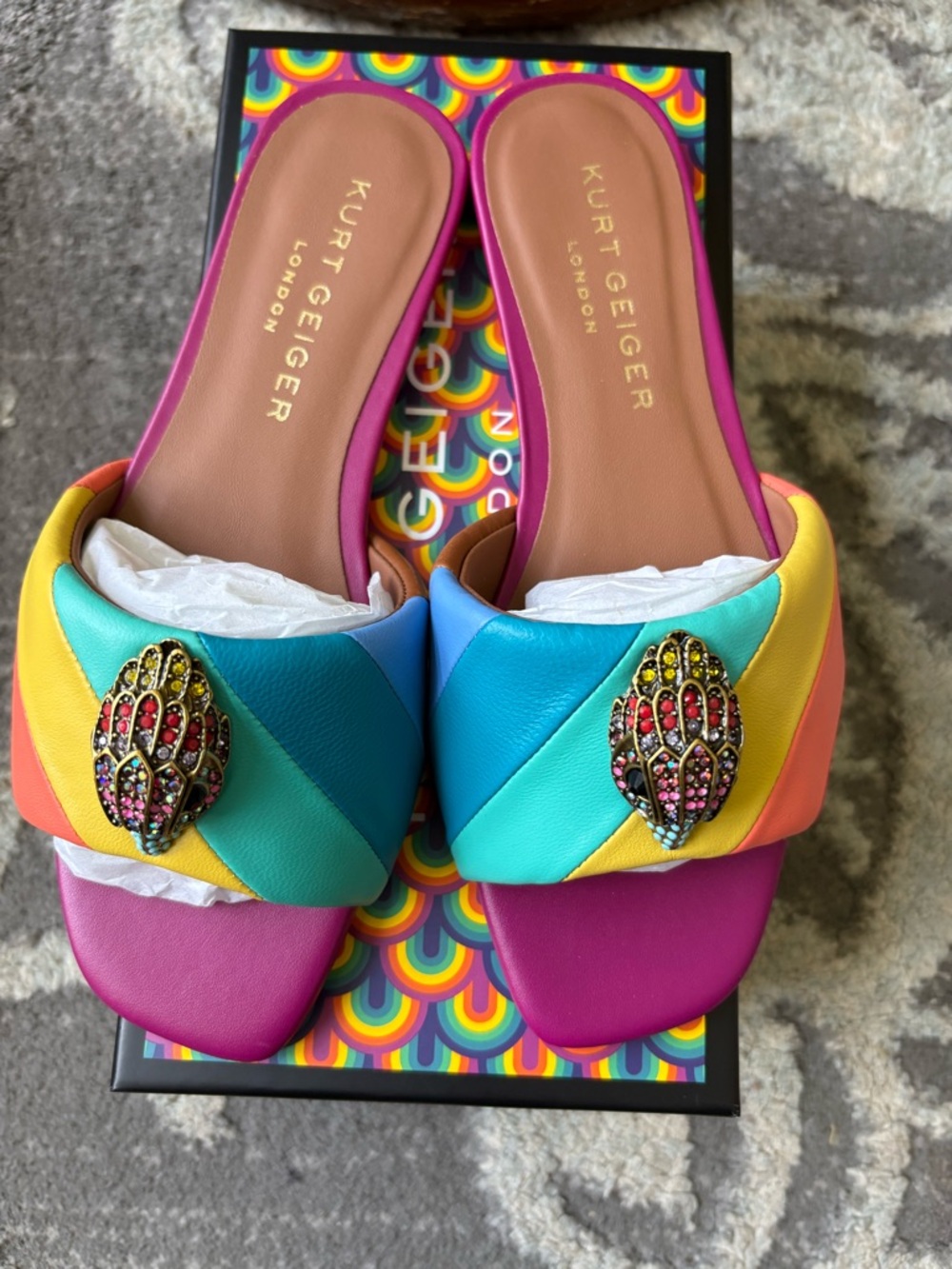 Kurt Geiger London Kensington Rainbow Leather Logo Ornament Sandals-6 New